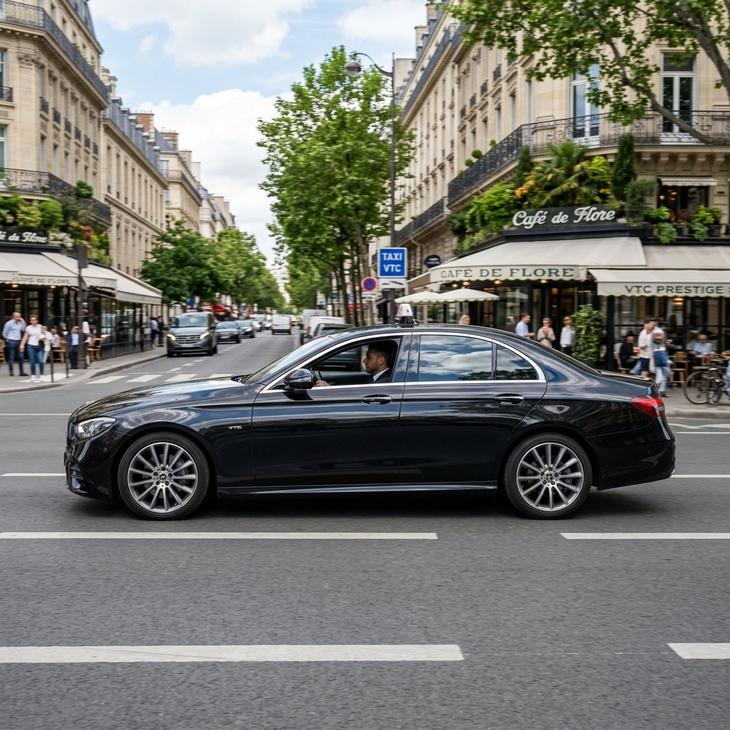 Mercedes-Benz Classe E noire, berline de luxe d'affaires VTC